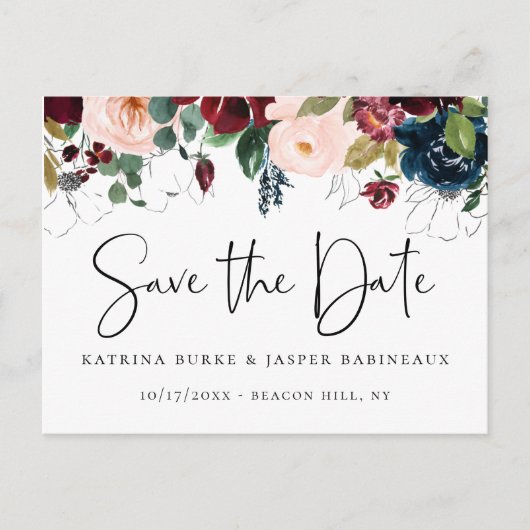 Elegant Bourgondië Blush Navy Bloemen Save the Dat Aankondigingskaart (Voorkant)