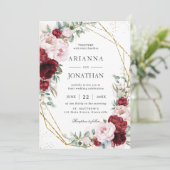 Elegant Bourgondië Blush Pioenen Bloemen Goud Brui Kaart (Staand voorkant)