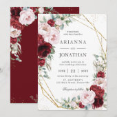 Elegant Bourgondië Blush Pioenen Bloemen Goud Brui Kaart (Voorkant / Achterkant)