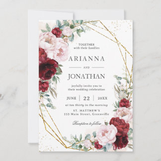 Elegant Bourgondië Blush Pioenen Bloemen Goud Brui Kaart