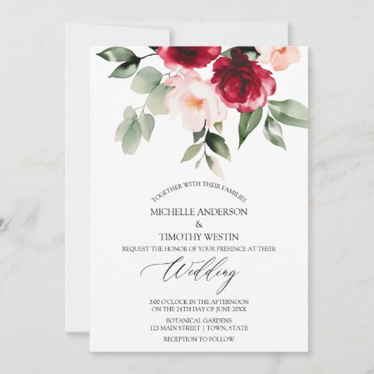 Elegant Bourgondië Blush Waterverf Bloemen Aankondiging (Voorkant)