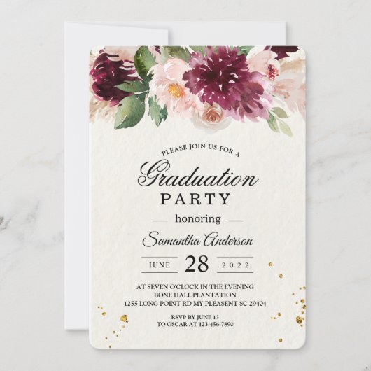 Elegant Bourgondië Blush Waterverf Bloemen Kaart (Voorkant)