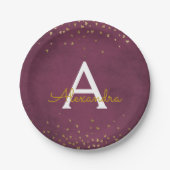 Elegant Bourgondië en goudfolie Confetti Monogram Papieren Bordje (Voorkant)