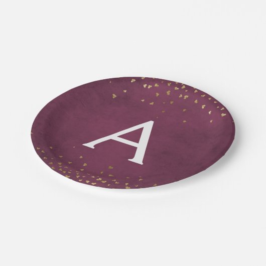 Elegant Bourgondië en goudfolie Confetti Monogram Papieren Bordje (Gekanteld)