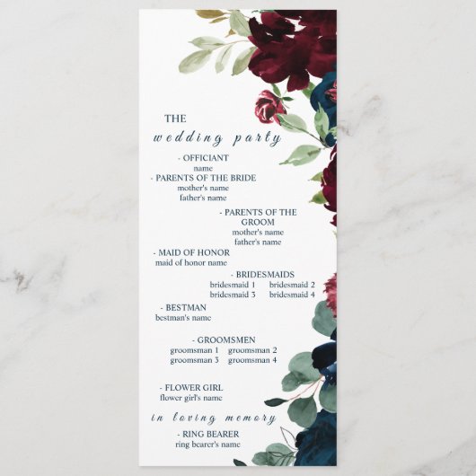 Elegant Bourgondië en marine blauwe bloemen bruilo Programmakaart (Achterkant)