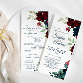 Elegant Bourgondië en marine blauwe bloemen bruilo Programmakaart