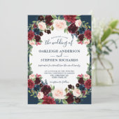Elegant Bourgondië en marine bloemenbruiloft Kaart (Staand voorkant)