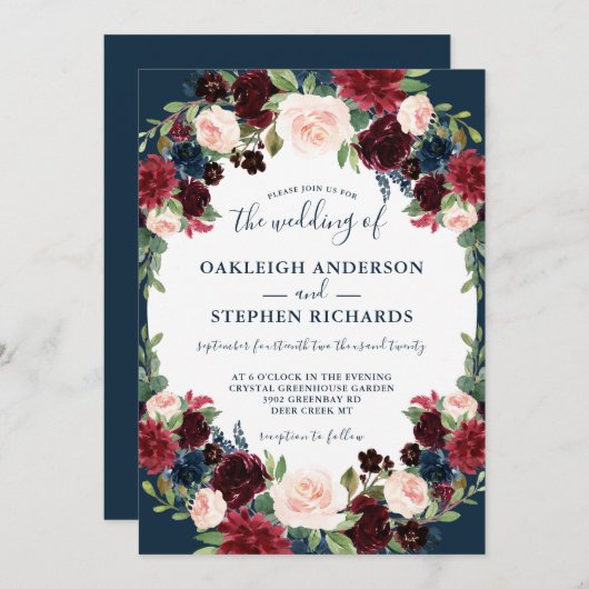 Elegant Bourgondië en marine bloemenbruiloft Kaart (Voorkant / Achterkant)