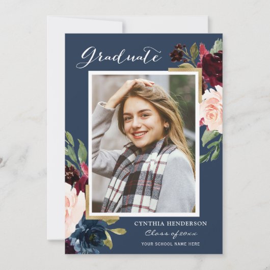 Elegant Bourgondië en Navy Afstudeerder Foto Afstu Aankondiging (Voorkant)