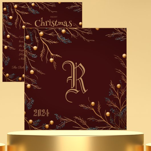 Elegant Bourgondië Familie Monogram Kerst Kaart