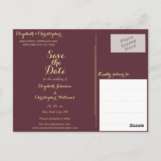 Elegant Bourgondië Faux Gold Bruiloft Save the Dat Briefkaart (Achterkant)