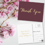 Elegant Bourgondië Gold Script bruiloft dank u Briefkaart<br><div class="desc">Creëer uw eigen aangepaste,  gepersonaliseerde,  stoffige bordeaux en faux gold dank u briefkaart. Voer uw bericht in / opmerking van dank. Elegant bedankbriefje briefkaart voor gebruik op bruiloft,  huwelijksverjaardag,  verjaardag,  afstuderen,  vrijgezellenfeest,  baby shower,  feestdagen,  of een andere speciale gelegenheid gerelateerde mailings.</div>