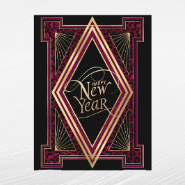 Elegant Bourgondië Goud Art Deco Nieuwjaar Feestdagenkaart