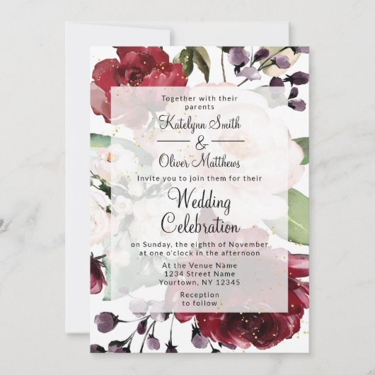 Elegant Bourgondië & Goud Bloemen Waterverf Bruilo Kaart (Voorkant)