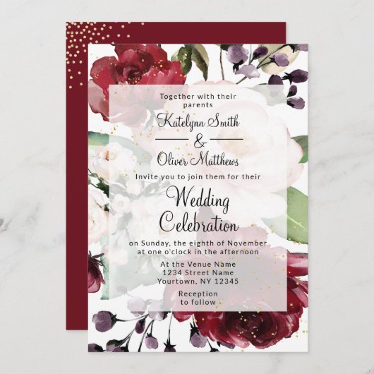 Elegant Bourgondië & Goud Bloemen Waterverf Bruilo Kaart (Voorkant / Achterkant)