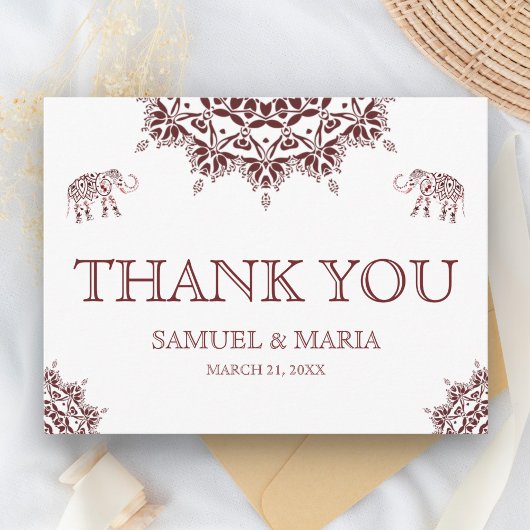 Elegant Bourgondië Henna Indiase bruiloft dank u Briefkaart