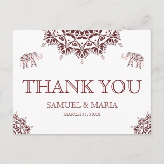 Elegant Bourgondië Henna Indiase bruiloft dank u Briefkaart (Voorkant)
