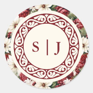 Elegant Bourgondië Ivoor Bloem Motief Monogram Tro Ronde Sticker