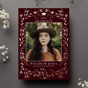 Elegant Bourgondië Krans Afstuderen Foto Folie Uitnodiging