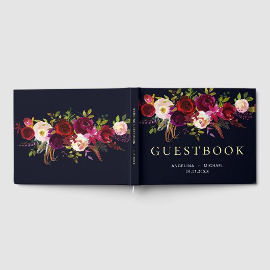 Elegant Bourgondië Navy Blauw Bohemian Bloemen Bru Gastenboek (Volledig)