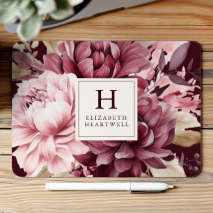 Elegant Bourgondië Waterverf Bloemige Monogram Muismat