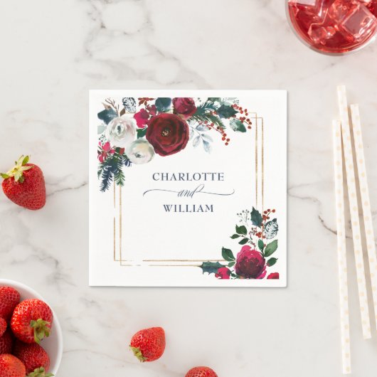 Elegant Bourgondië Winter Rozen Bladgroen Bruiloft Servet (Insitu)