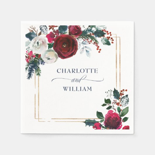 Elegant Bourgondië Winter Rozen Bladgroen Bruiloft Servet (Voorkant)