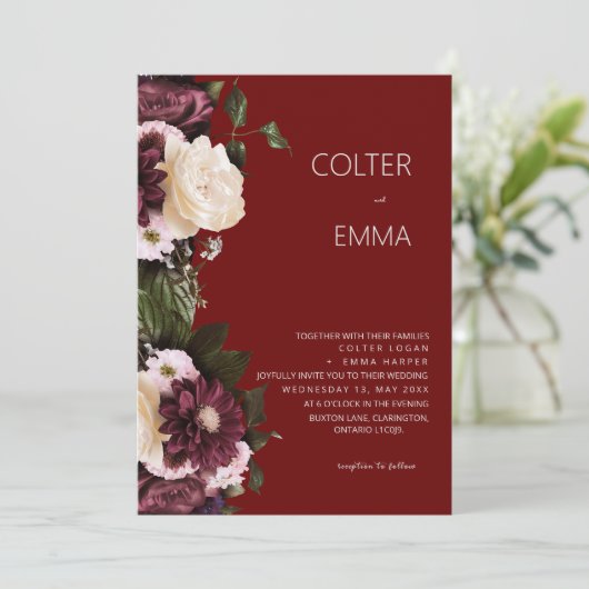 Elegant Bourgondië & Wit Bloemen Waterverf bruilof Kaart (Staand voorkant)