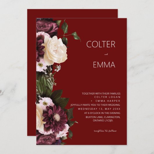 Elegant Bourgondië & Wit Bloemen Waterverf bruilof Kaart (Voorkant / Achterkant)