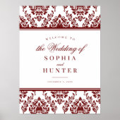 Elegant Bourgondië Wit Damask Bruiloft Welkomstbor Poster (Voorkant)