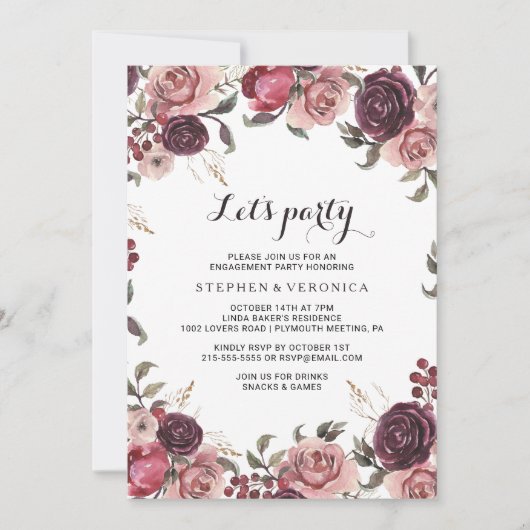 Elegant Bourgondië zomer bloemenspel Laten we fees Kaart (Voorkant)