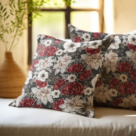 Elegant Bourgondiër Roos Grijs Bloemmotief Kussen