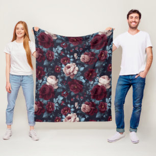 Elegant Bourgondiërroos Navy Bloemmotief Fleece Deken