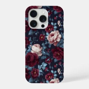 Elegant Bourgondiërroos Navy Bloemmotief iPhone 15 Pro Case