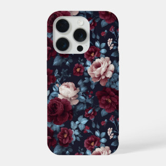 Elegant Bourgondiërroos Navy Bloemmotief iPhone 15 Pro Case