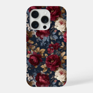 Elegant Bourgondiërroos Navy Bloemmotief iPhone 15 Pro Case