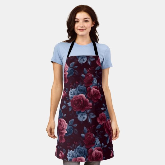 Elegant Bourgondiërroos Navy Bloemmotief Schort (Gedragen)