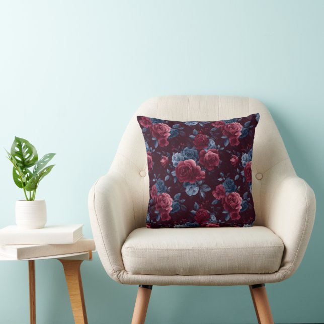Elegant Bourgondiërroos Navy Bloempatroon Kussen (Stoel)