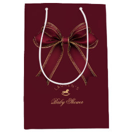 Elegant Bourgondisch Gold Bow Luxe Baby shower Medium Cadeauzakje