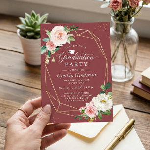 Elegant Bourgondisch Goud Bloemen Afstudeerfeest Kaart