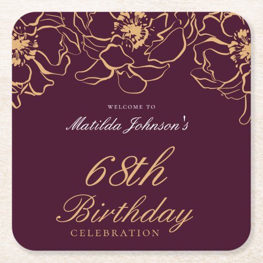 Elegant Bourgondisch Goud Bloemen Verjaardagsfeest Kartonnen Onderzetters (Voorkant)