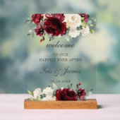 Elegant Bourgondisch Ivoor Bloemen Huwelijk Welkom Acryl Bord (Neutraal)