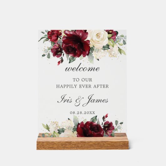 Elegant Bourgondisch Ivoor Bloemen Huwelijk Welkom Acryl Bord (Voorkant)
