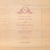 Elegant Bourgondisch Koninklijk Kroonkrans Monogra Acryl Uitnodigingen (Voorkant)