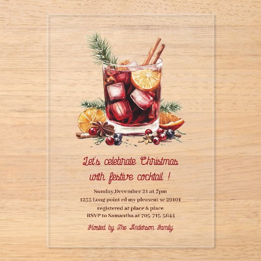 Elegant Bourgondisch Rode Kerstcocktail Party Acryl Uitnodigingen (Voorkant)