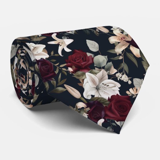 Elegant Bourgondisch Roos Witte Lelie Bloemenpatro Stropdas (Opgerold)