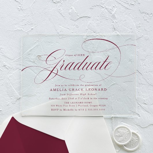 Elegant Bourgondisch Script Afstudeerfeest Acryl Uitnodigingen