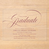 Elegant Bourgondisch Script Afstudeerfeest Acryl Uitnodigingen (Voorkant)