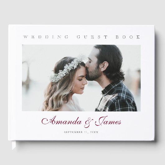 Elegant Bourgondisch Script Custom Photo Wedding Gastenboek (Voorkant)