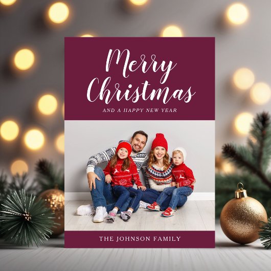 Elegant Bourgondisch Script Foto Kerstmis Feestdagenkaart